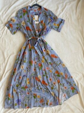 ZARA Pale Blue Floral Button-Up Dress with Orange & Purple Blooms